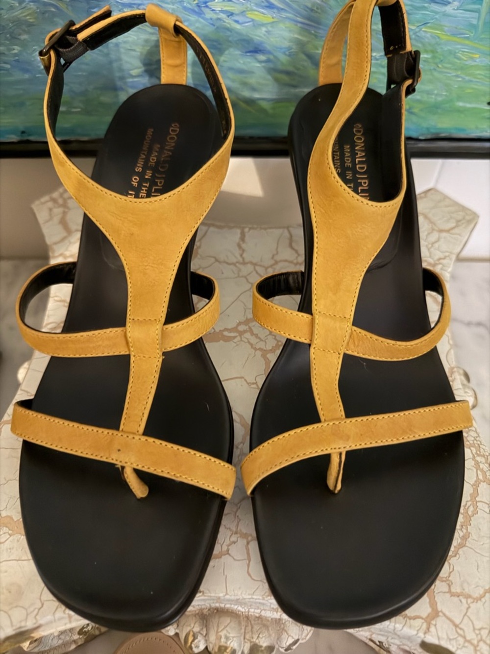 Donald J. Pliner Mustard Yellow Leather T-Strap Sandals